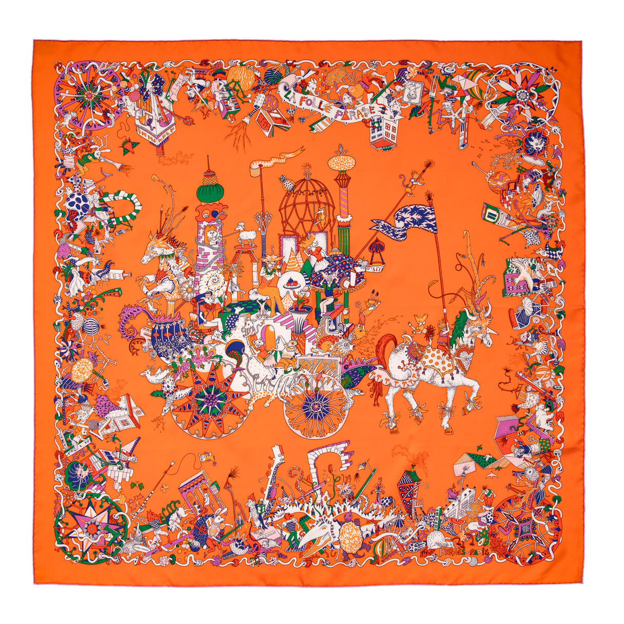 Hermes Orange La Folle Parade Silk Scarf 90 Accessories Hermes