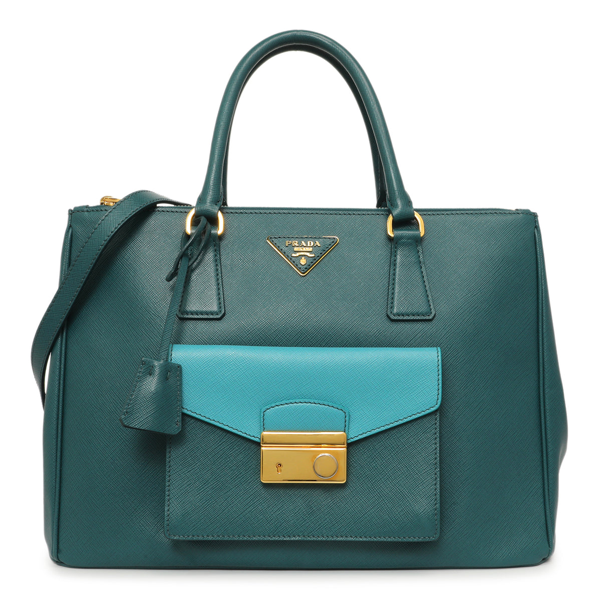 Prada Teal Saffiano Lux Galleria Front Pocket Tote Handbags Prada