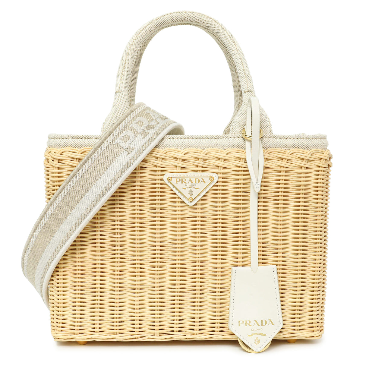 Prada Beige Wicker Linen Medium Tote Handbags Prada