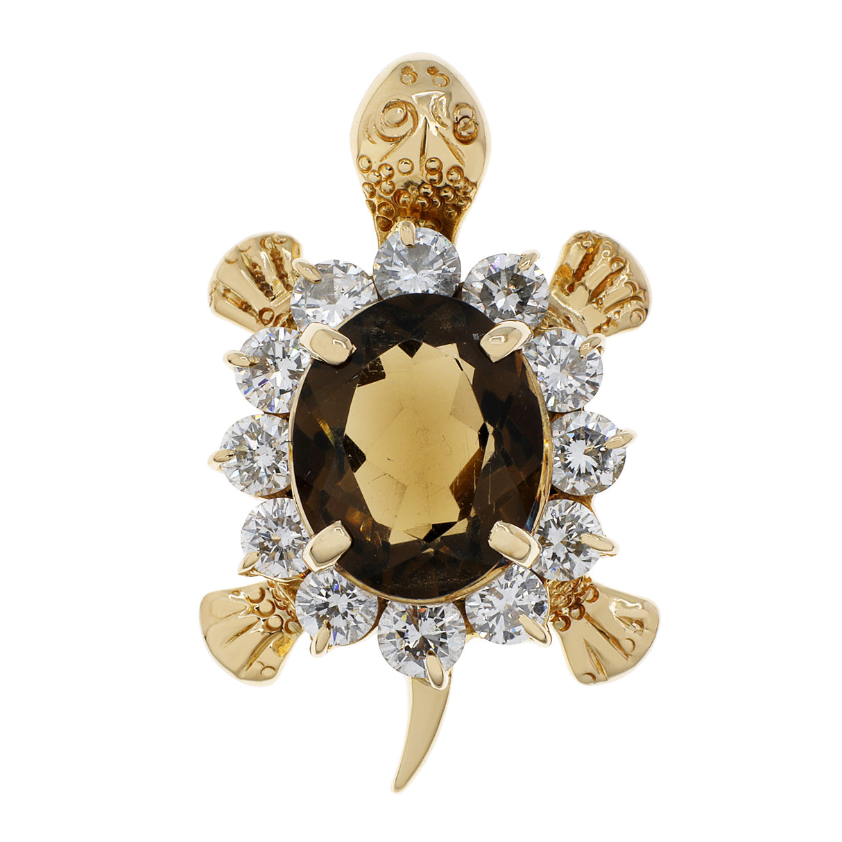 18K Yellow Gold 2.20 Carat Smokey Quartz Turtle Pendant Fine Jewellery Modaselle