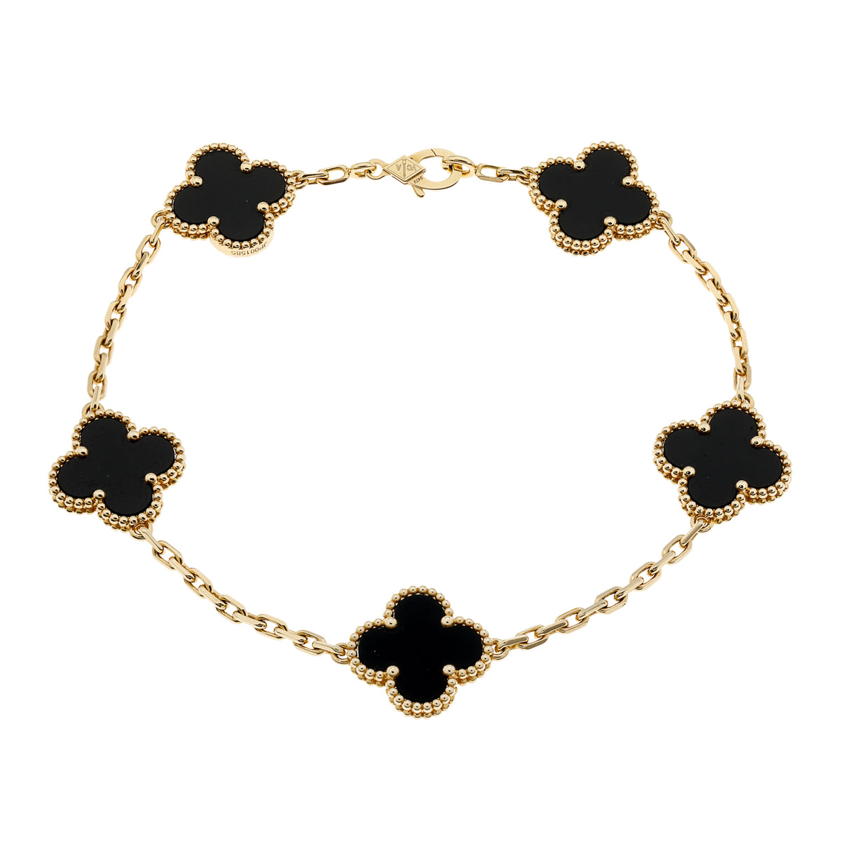 Van Cleef & Arpels 18K Yellow Gold Onyx Vintage Alhambra 5 Motif Bracelet