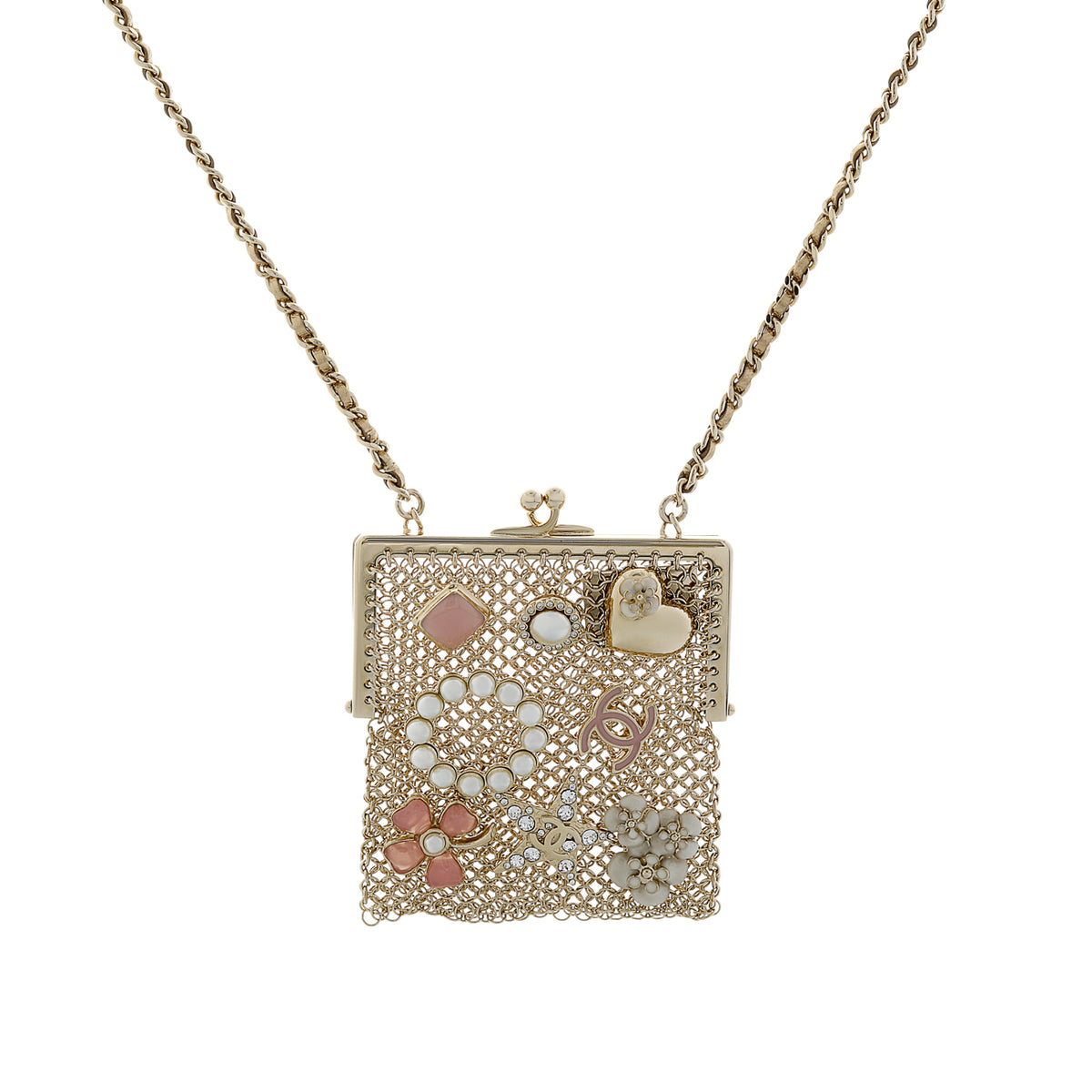 Chanel Metal Pearl Enamel Kiss Lock Chain Mail Charm Clutch Handbags Chanel