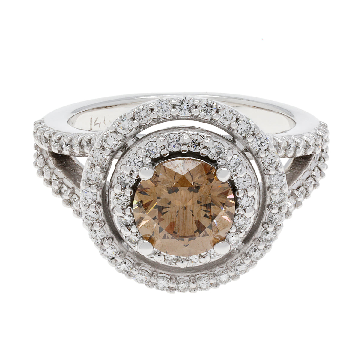 14K White Gold 1.57 Carat Fancy Vivid Brown Diamond Double Halo Ring Fine Jewellery Modaselle