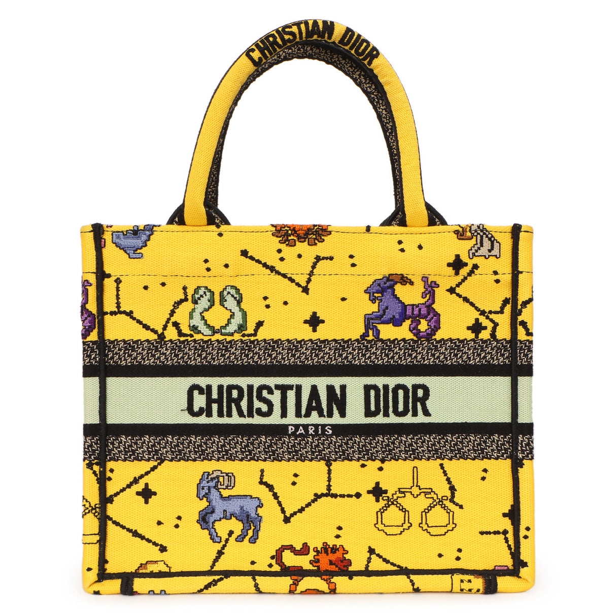 Christian Dior Yellow Embroidered Pixel Zodiac Small Book Tote Handbags Christian Dior