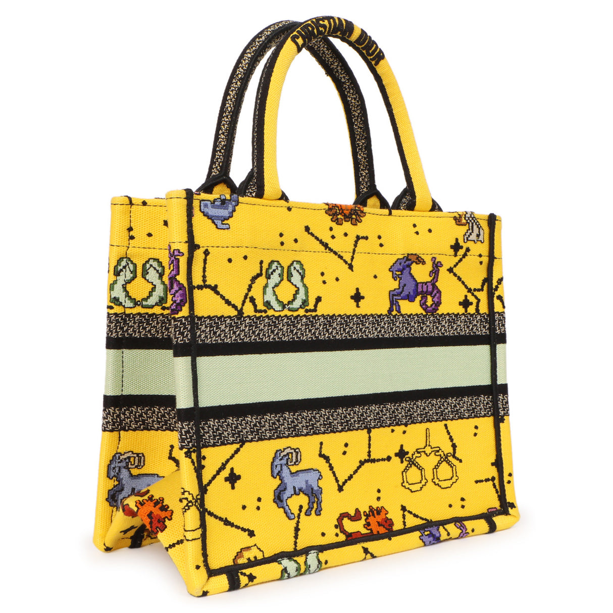 Christian Dior Yellow Embroidered Pixel Zodiac Small Book Tote Handbags Christian Dior