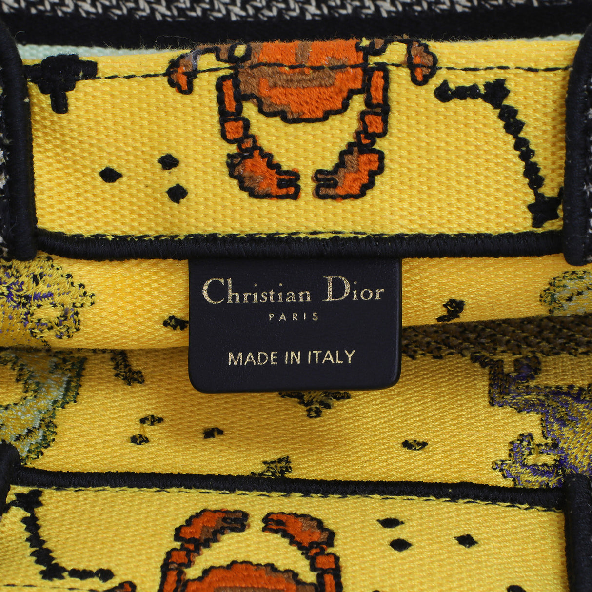 Christian Dior Yellow Embroidered Pixel Zodiac Small Book Tote Handbags Christian Dior