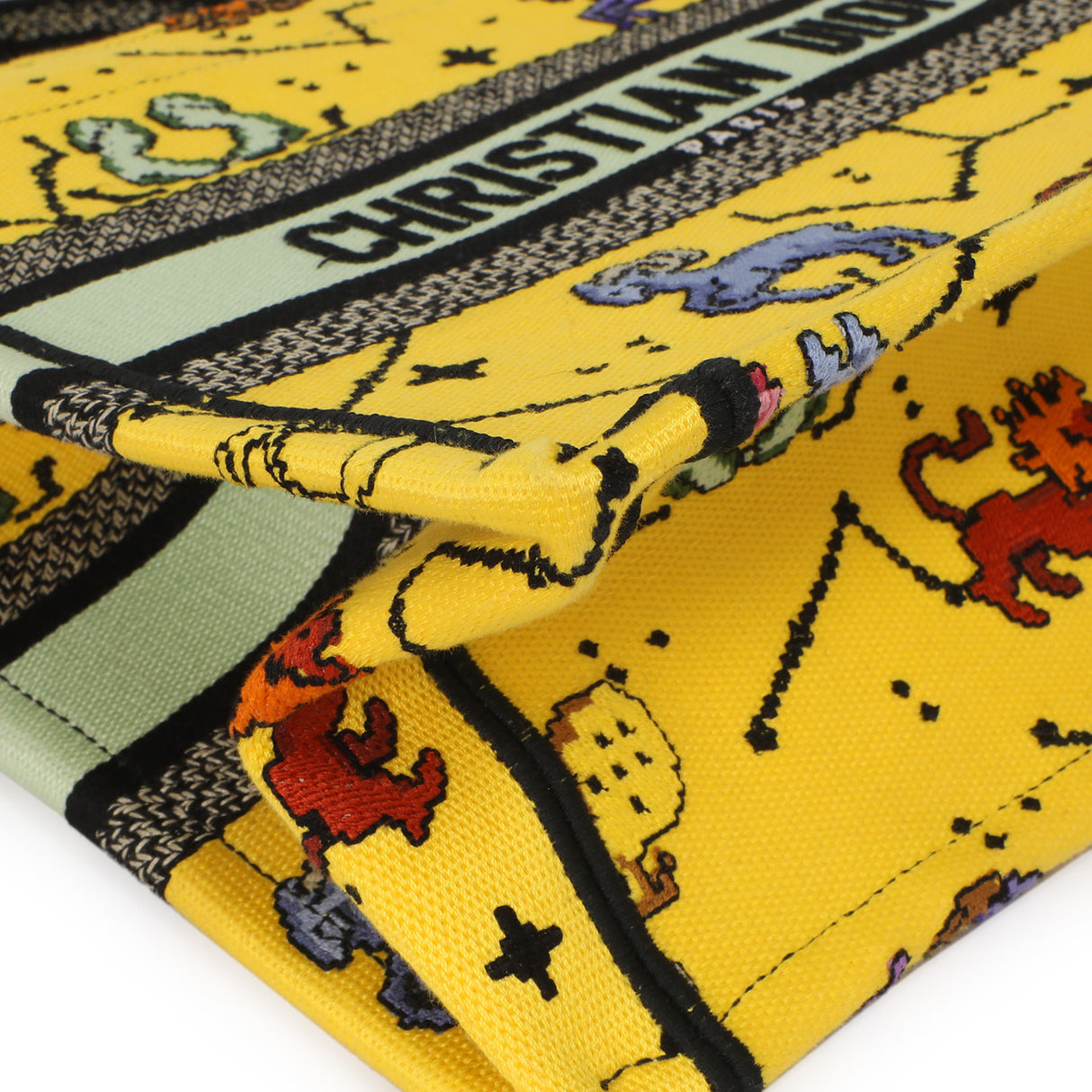 Christian Dior Yellow Embroidered Pixel Zodiac Small Book Tote Handbags Christian Dior
