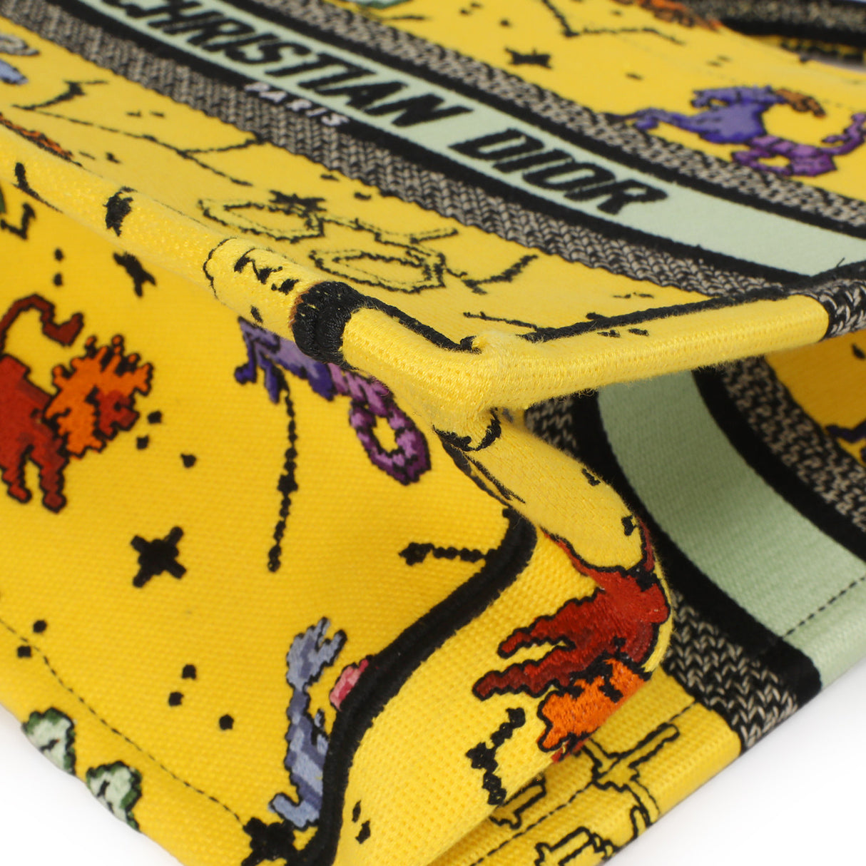 Christian Dior Yellow Embroidered Pixel Zodiac Small Book Tote Handbags Christian Dior