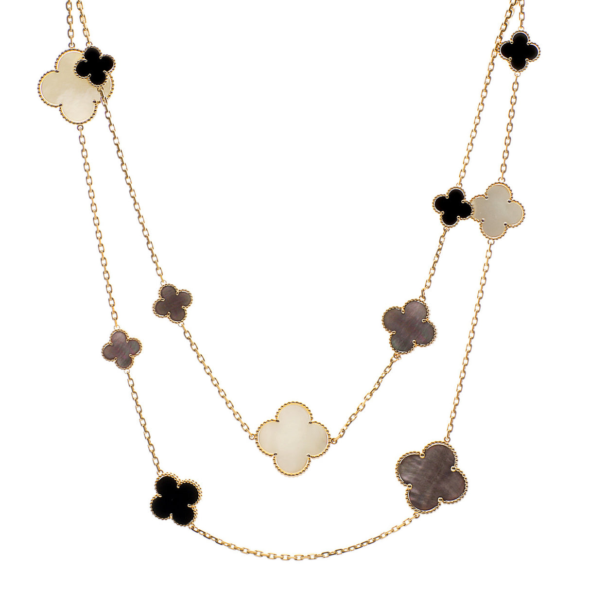Van Cleef & Arpels 18K Yellow Gold Mother of Pearl Onyx Magic Alhambra 16 Motif Necklace Designer Jewellery Van Cleef and Arpels