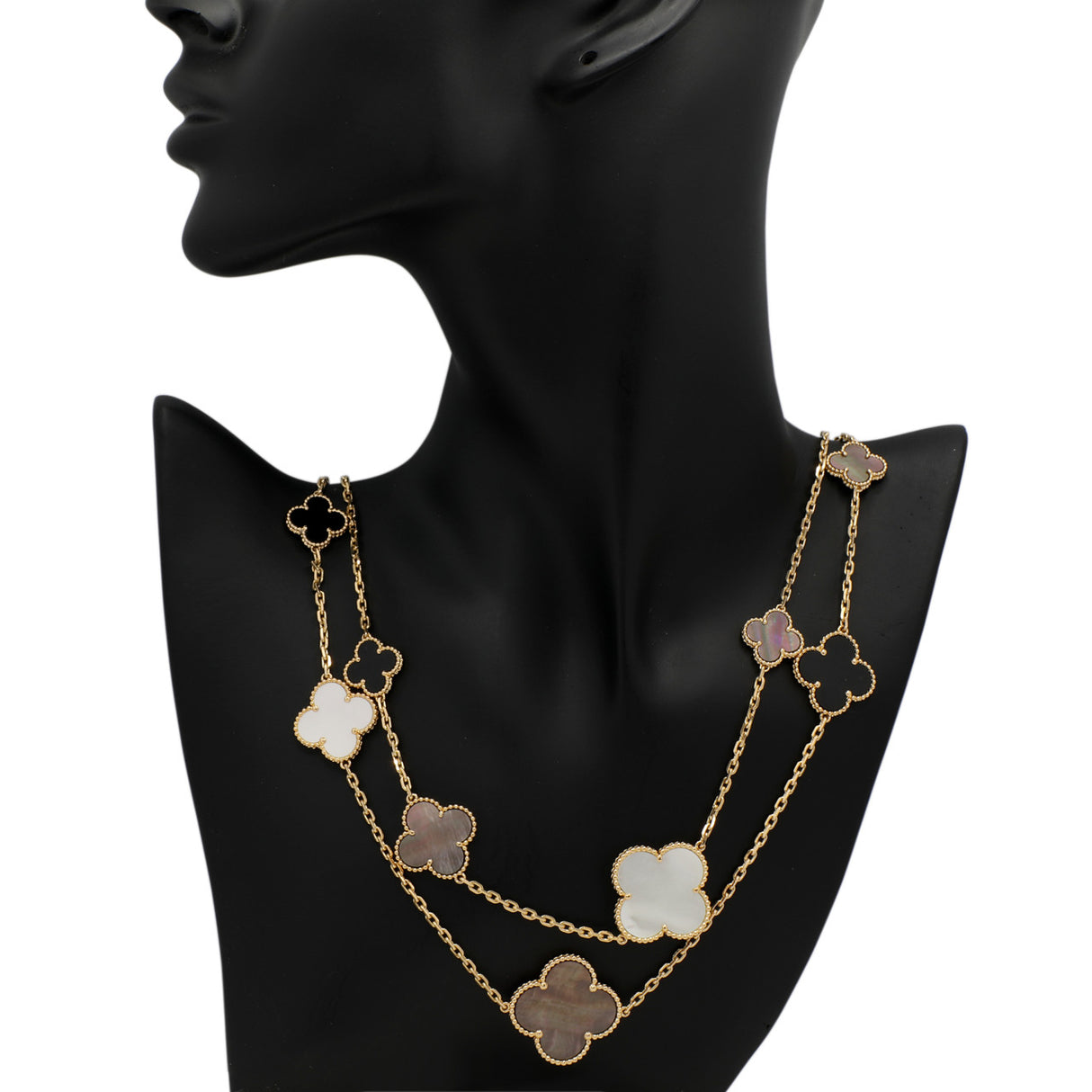 Van Cleef & Arpels 18K Yellow Gold Mother of Pearl Onyx Magic Alhambra 16 Motif Necklace Designer Jewellery Van Cleef and Arpels