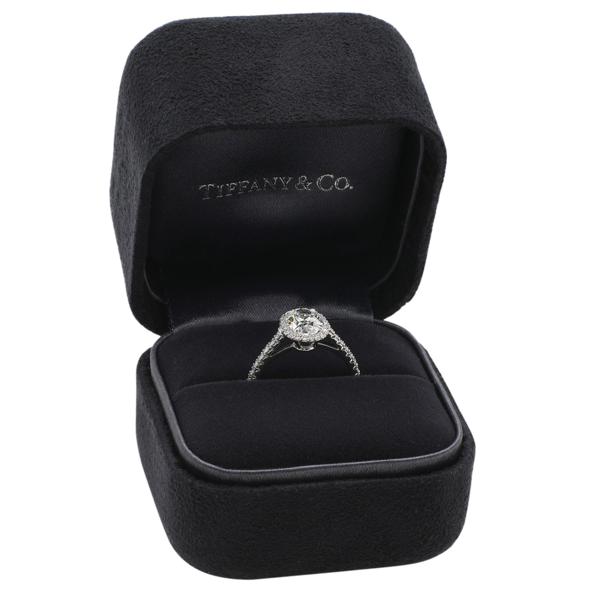 Tiffany & Co. Platinum 1.01 Carat Oval Diamond Soleste Halo Engagement Ring Designer Jewellery Tiffany and Co