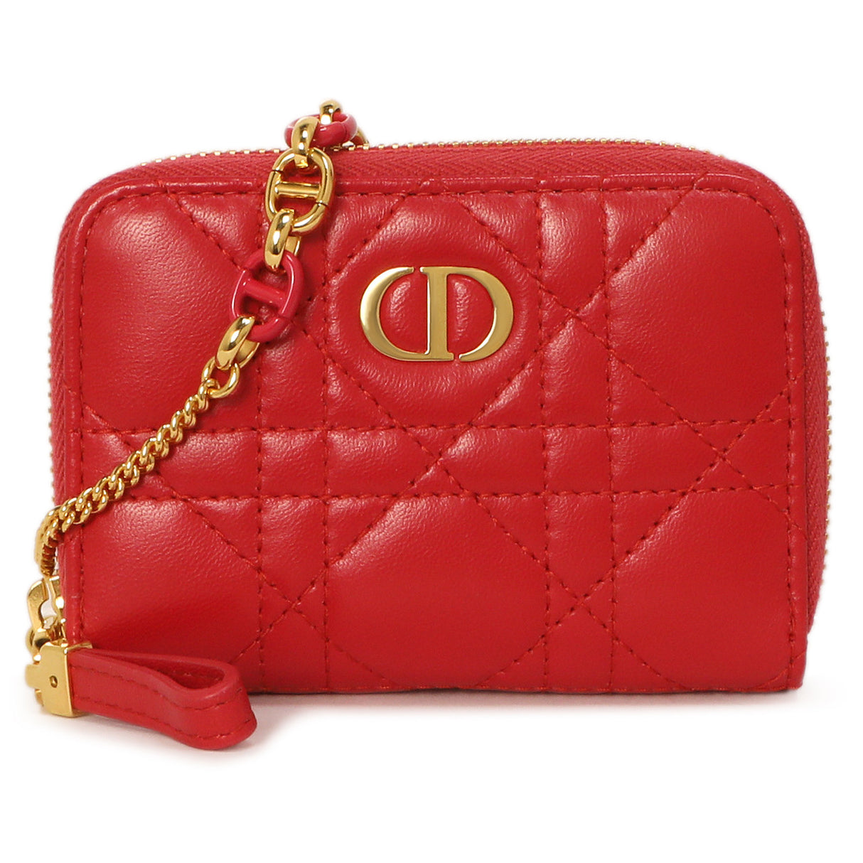 Christian Dior Raspberry Lambskin Cannage Mini Caro Zipped Pouch With Chain Accessories Christian Dior