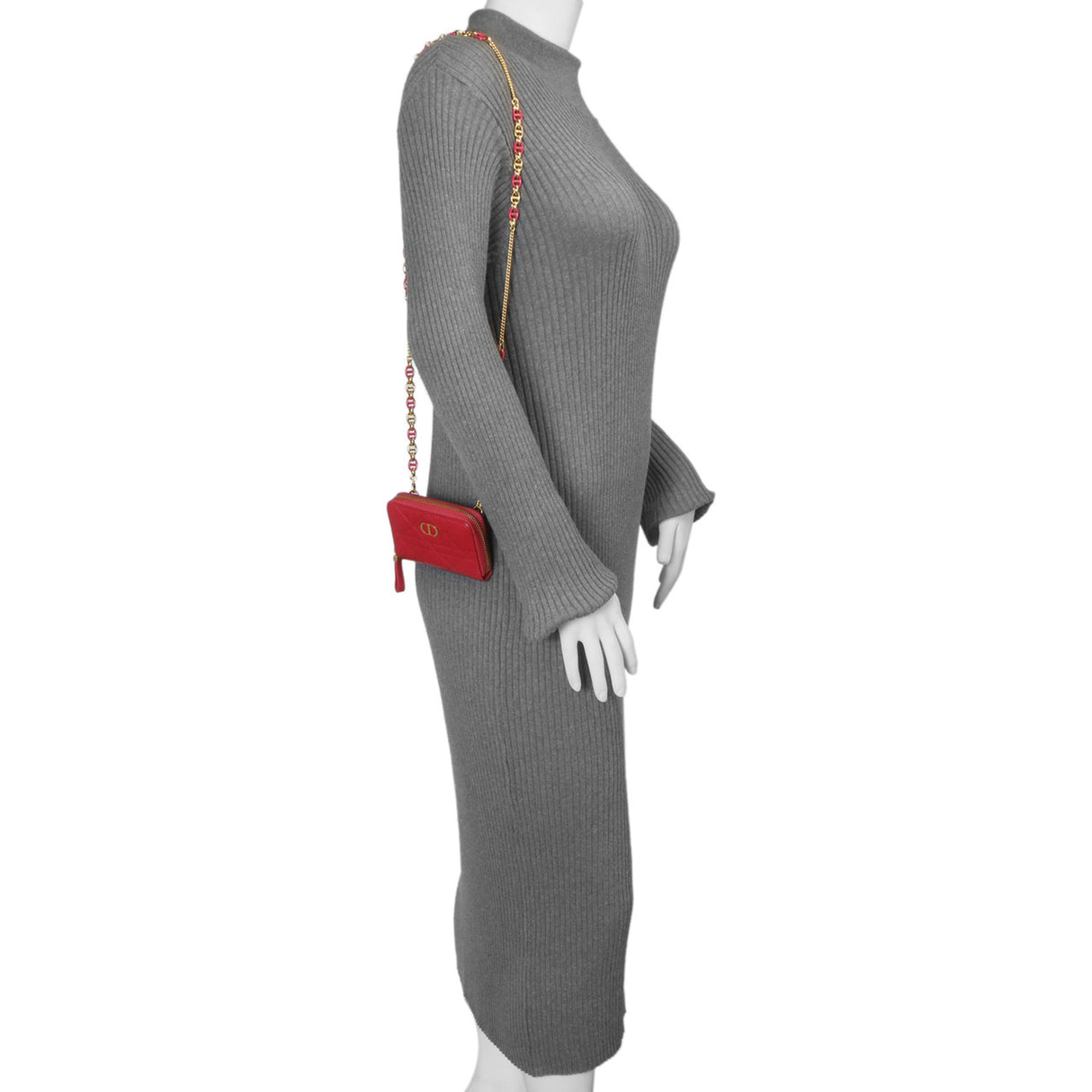 Christian Dior Raspberry Lambskin Cannage Mini Caro Zipped Pouch With Chain Accessories Christian Dior