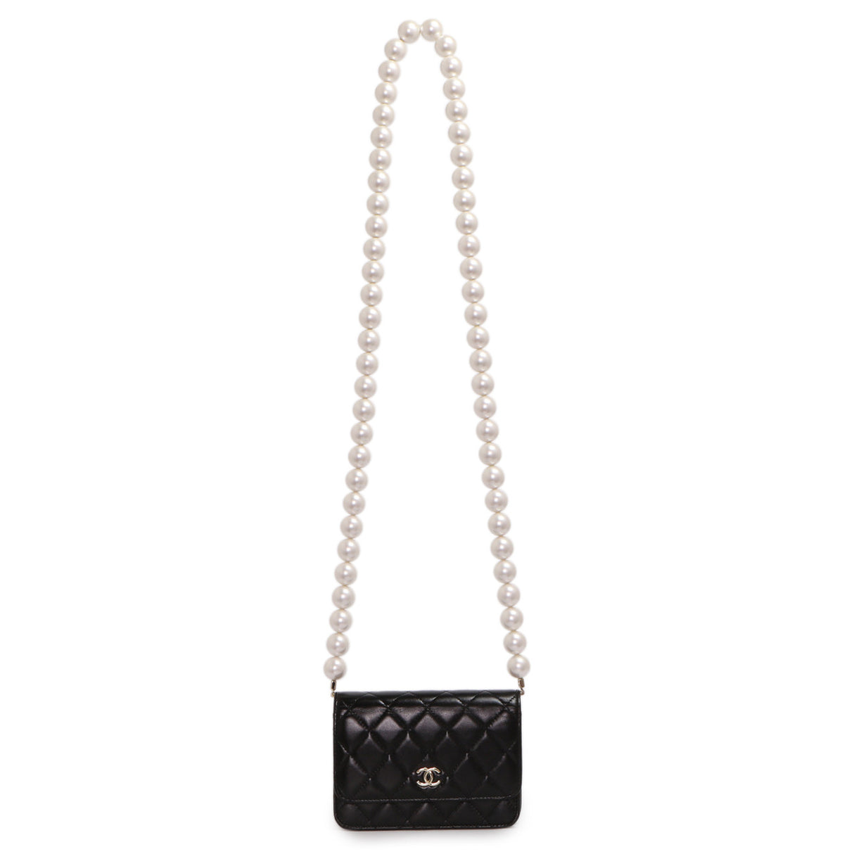 Chanel Black Quilted Calfskin Mini Maxi Pearls Wallet On Chain WOC Handbags Chanel
