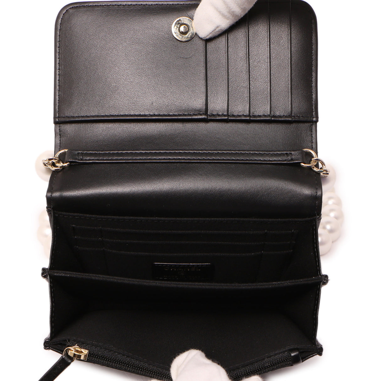 Chanel Black Quilted Calfskin Mini Maxi Pearls Wallet On Chain WOC Handbags Chanel