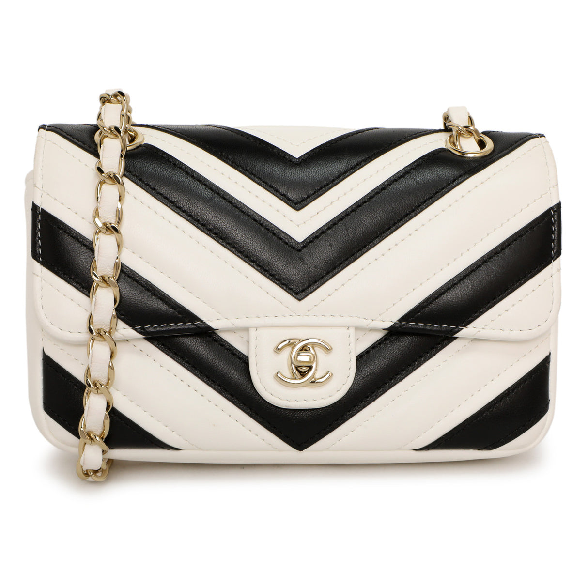 Chanel White Black Chevron Lambskin Stitched Mini Flap Handbags Chanel