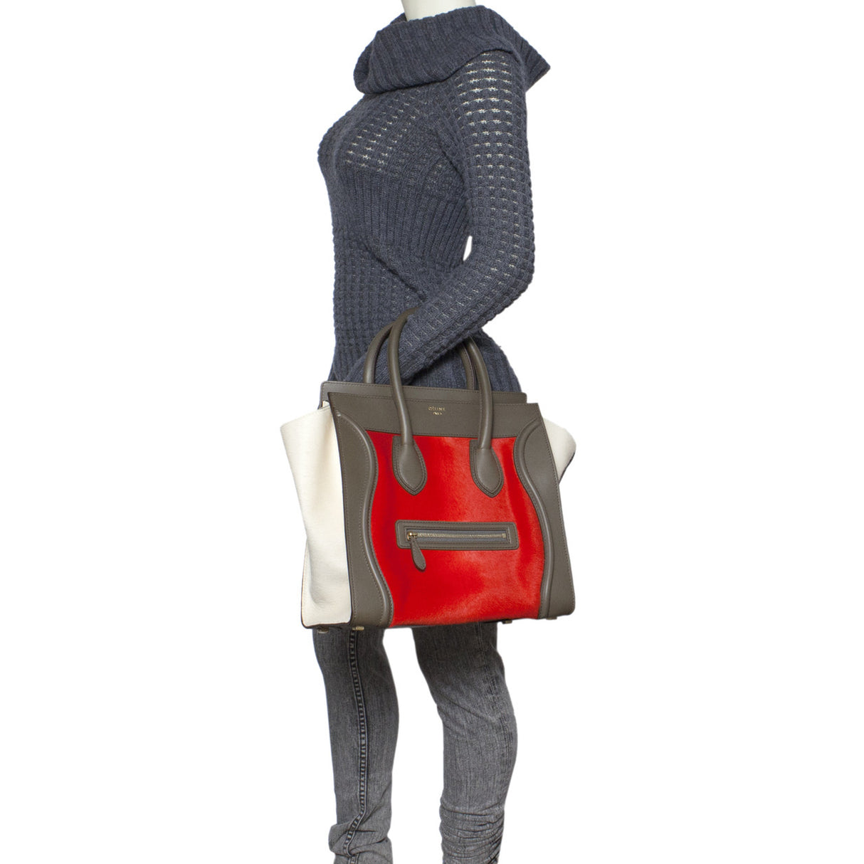 Celine Tri Color Calf Hair & Leather Mini Luggage Tote Handbags Celine