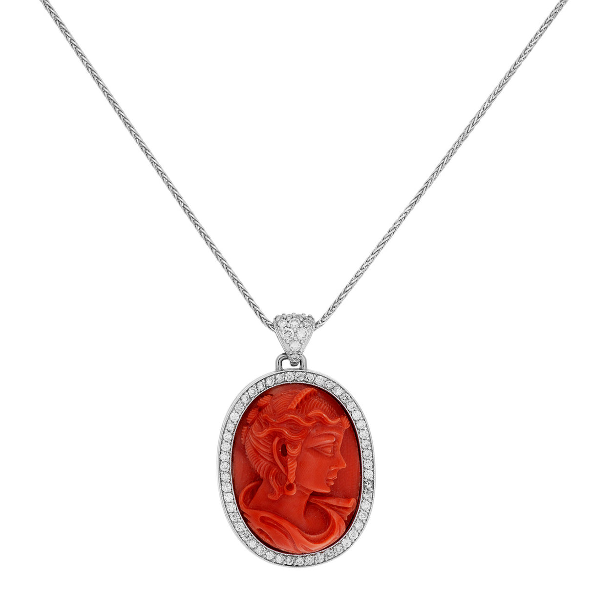 18K White Gold Carved Coral Cameo Pendant Fine Jewellery Modaselle