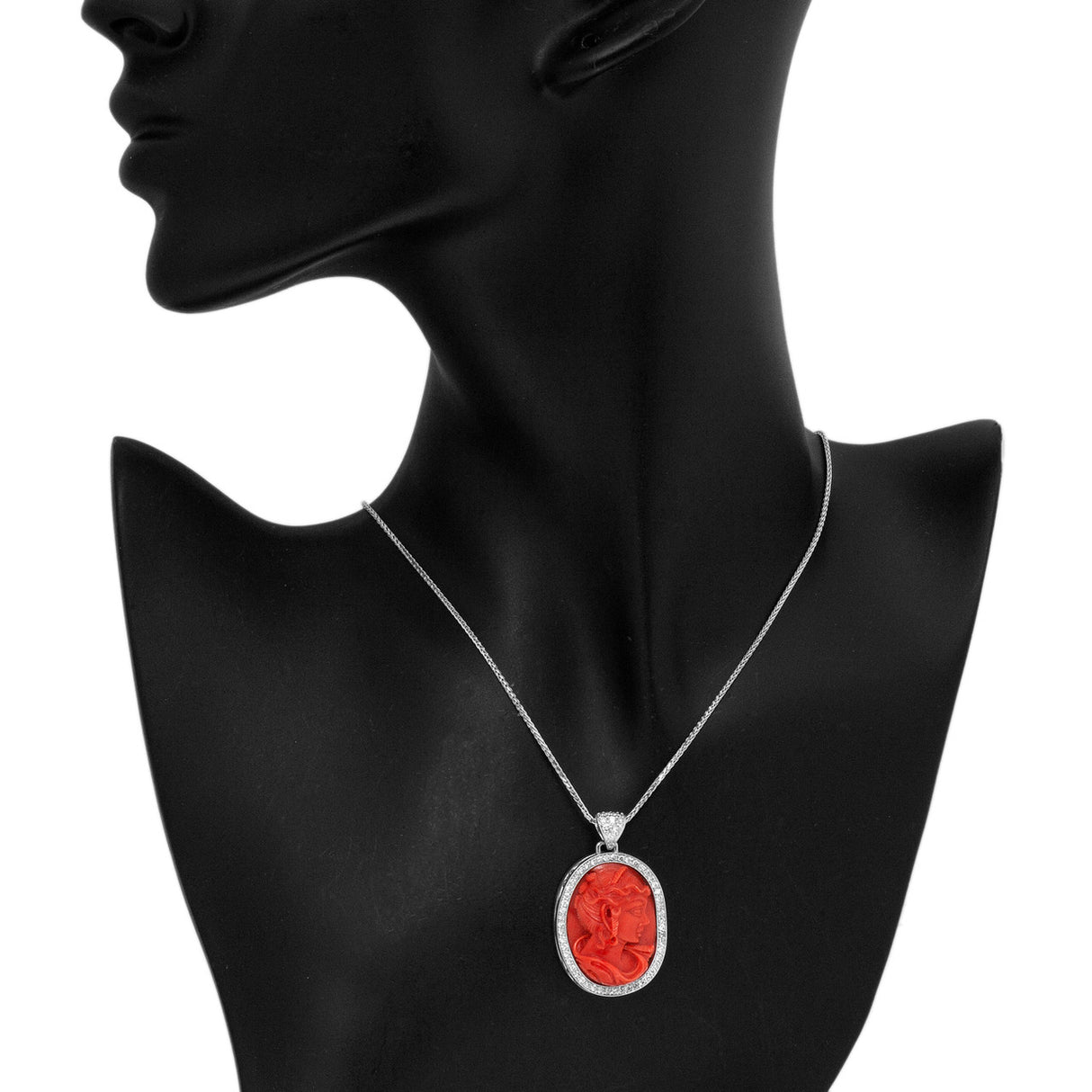 18K White Gold Carved Coral Cameo Pendant Fine Jewellery Modaselle