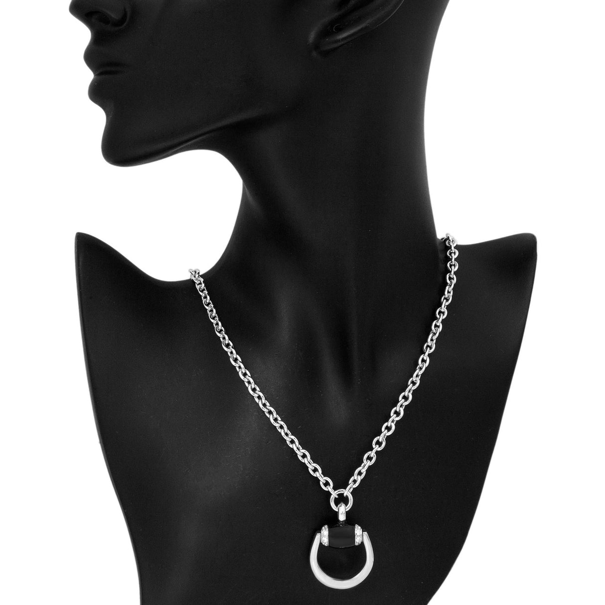 Gucci 18K White Gold, Diamond & Onyx Horsebit Pendant Necklace Designer Jewellery Gucci