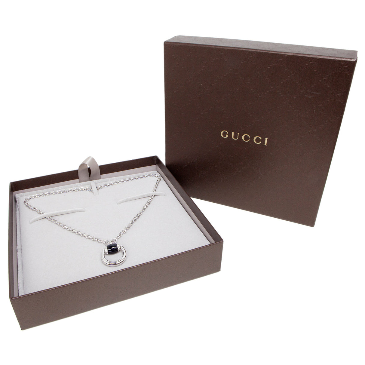 Gucci 18K White Gold, Diamond & Onyx Horsebit Pendant Necklace Designer Jewellery Gucci