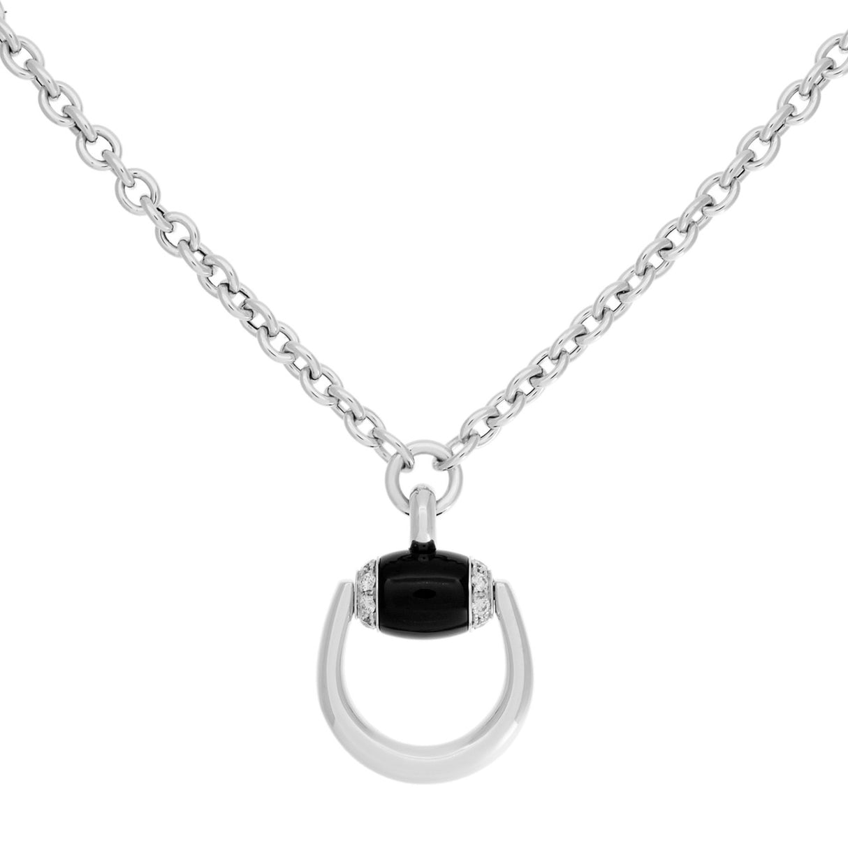 Gucci 18K White Gold, Diamond & Onyx Horsebit Pendant Necklace Designer Jewellery Gucci