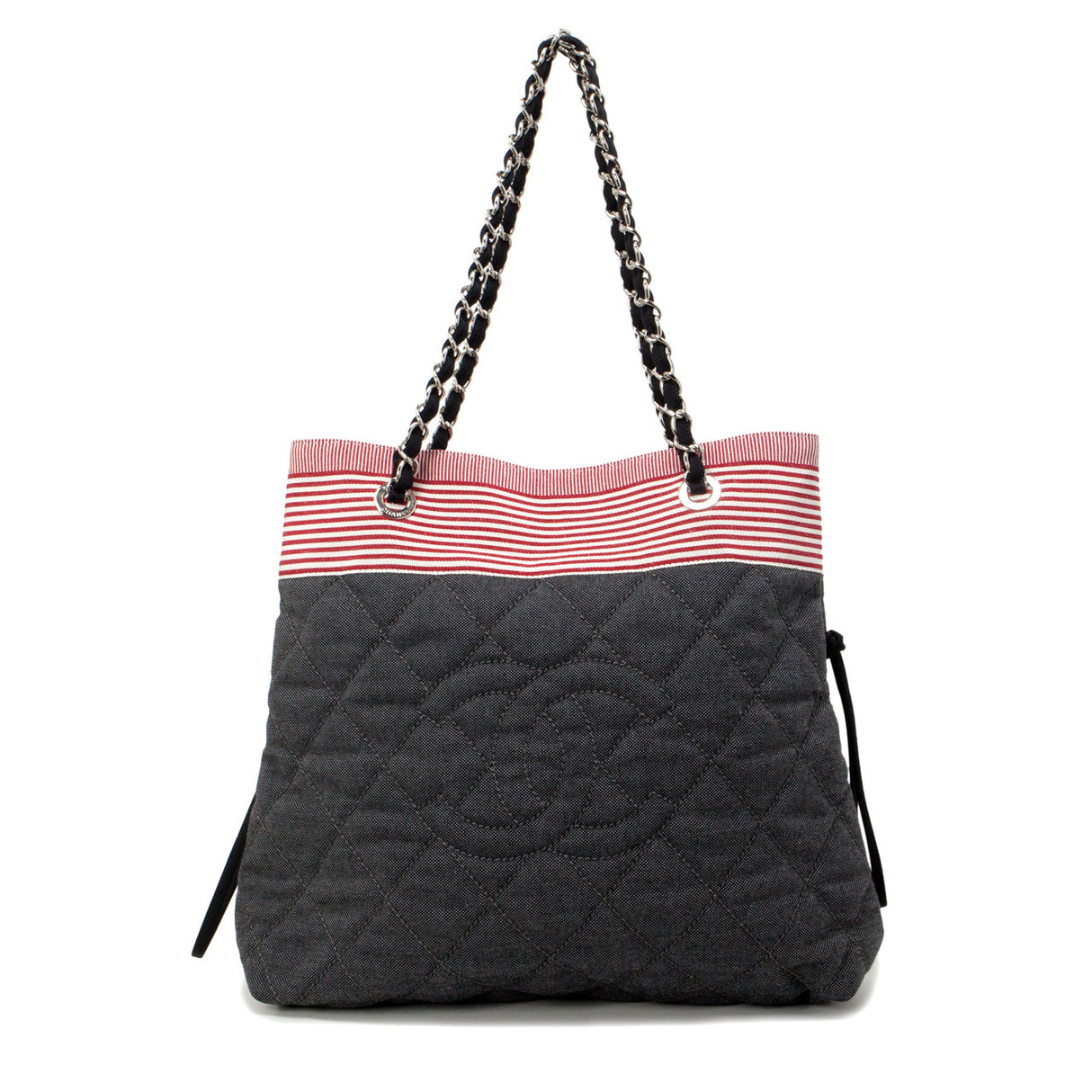 Chanel Grey Quilted Grosgrain Denim Drawstring Tote Handbags Chanel