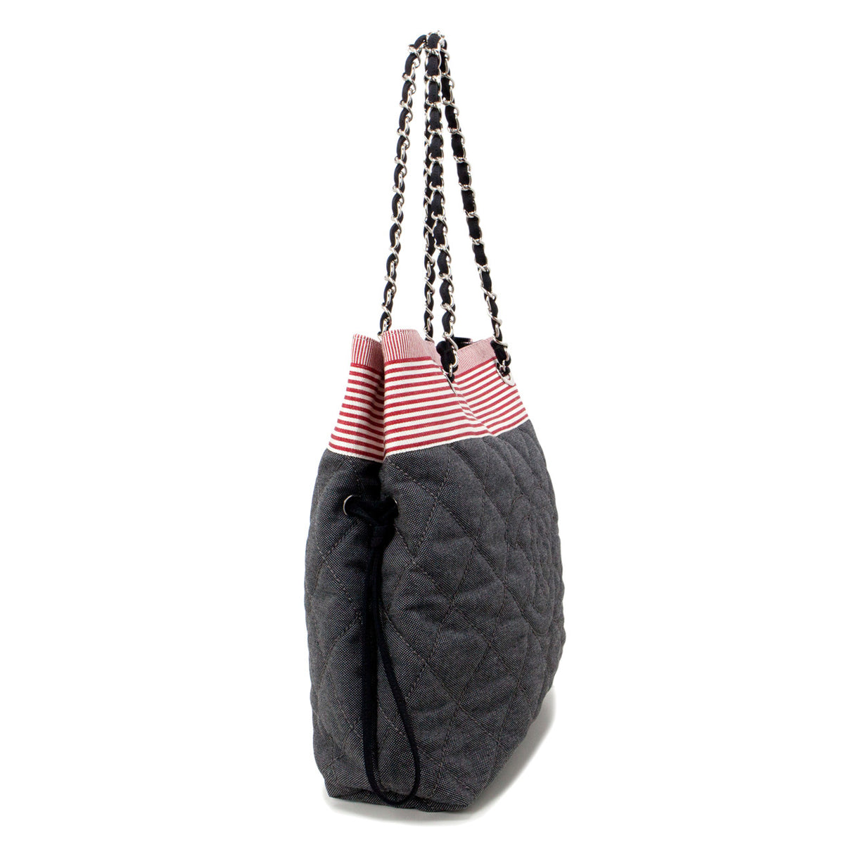 Chanel Grey Quilted Grosgrain Denim Drawstring Tote Handbags Chanel