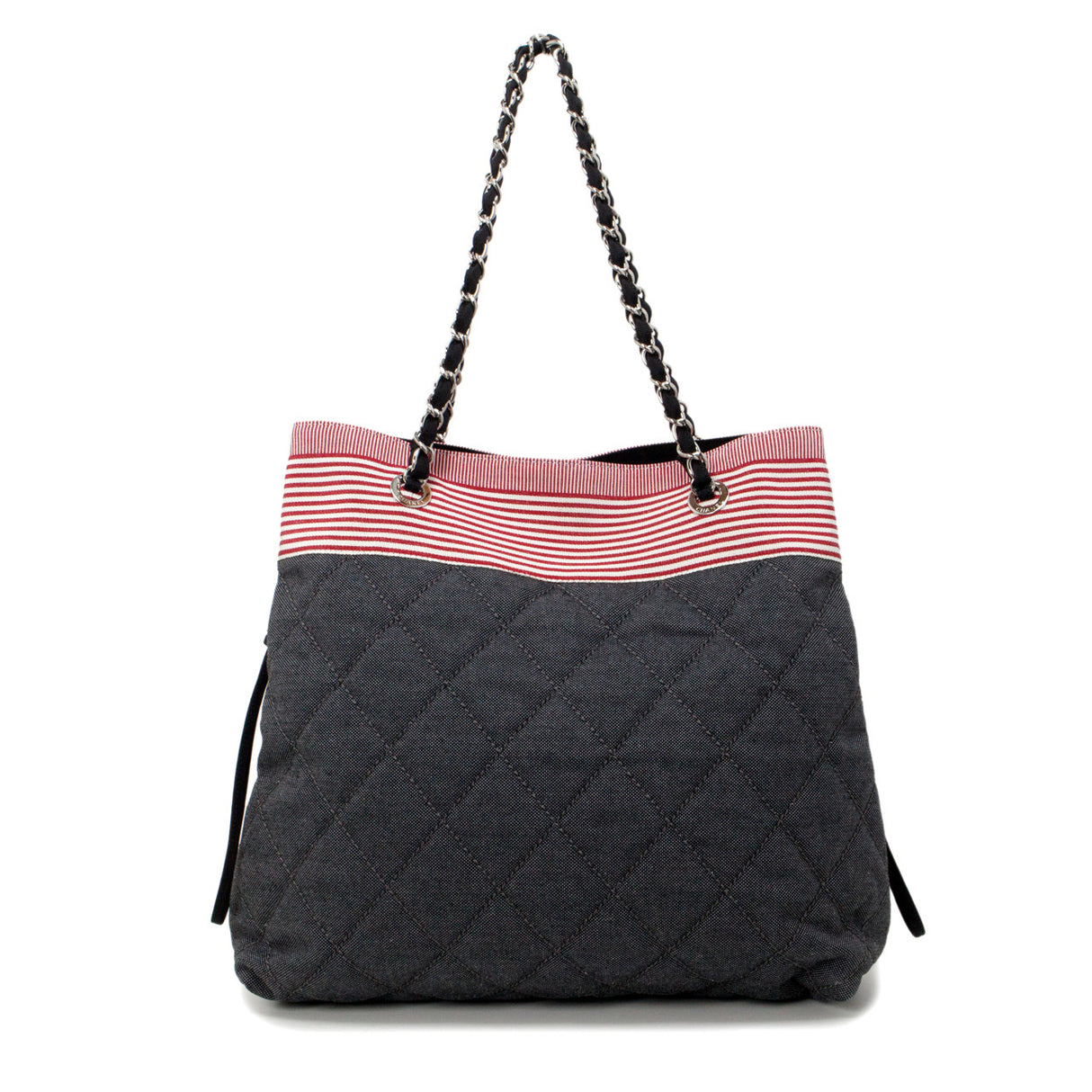 Chanel Grey Quilted Grosgrain Denim Drawstring Tote Handbags Chanel