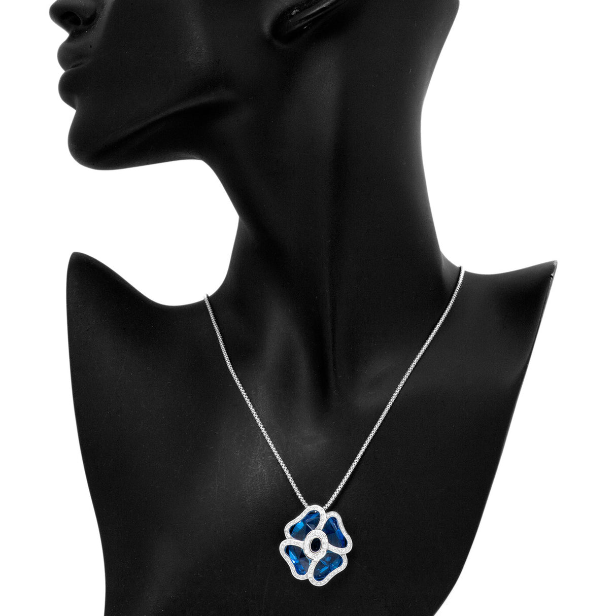 18K White Gold Diamond Blue Topaz Blossom Pendant Necklace Fine Jewellery Modaselle