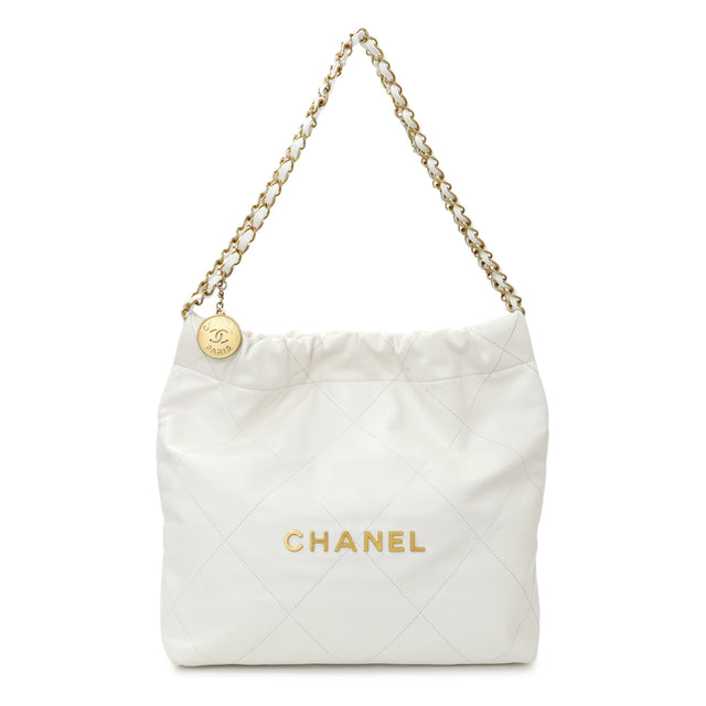 Chanel White Shiny Quilted Calfskin Small Chanel 22 Handbags Chanel
