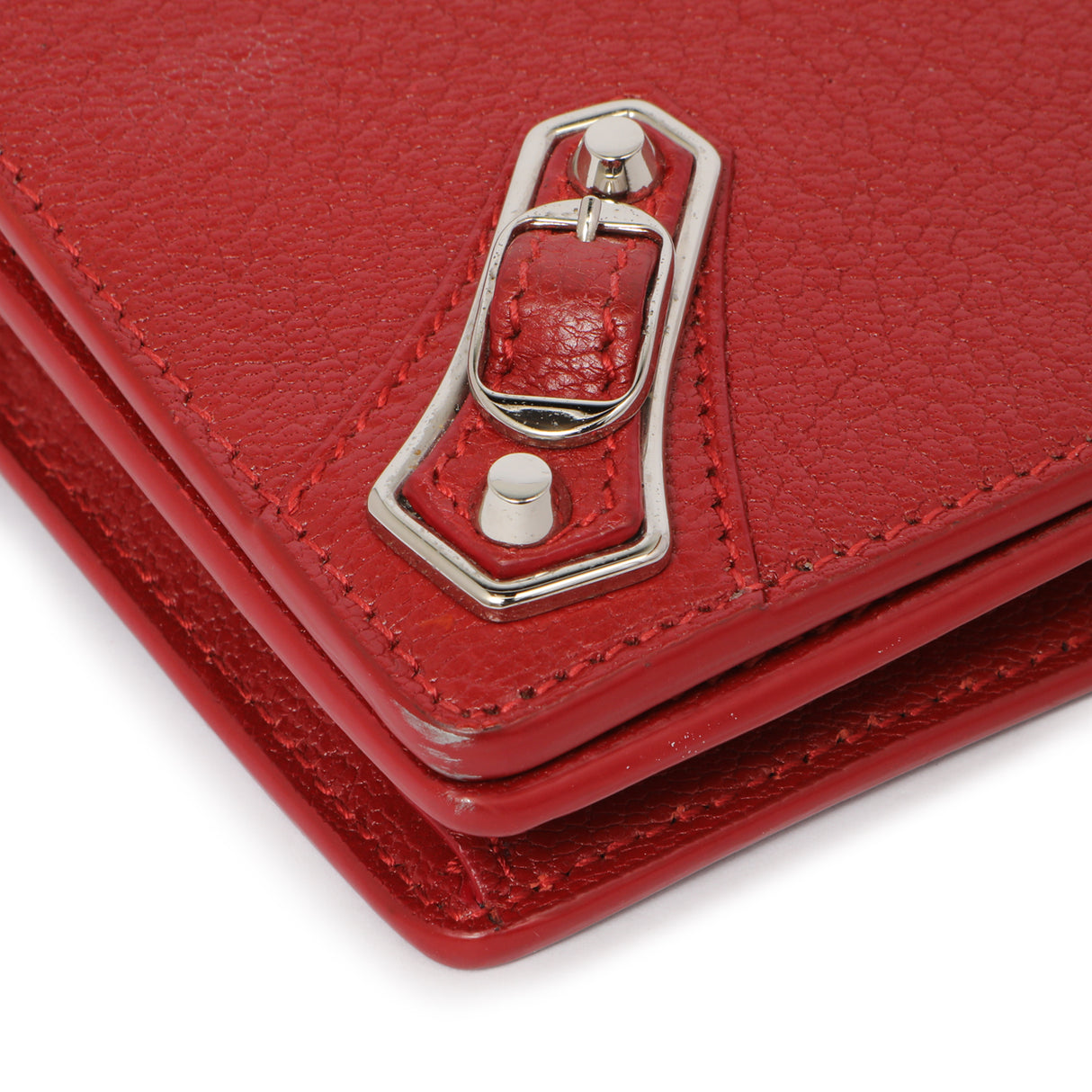 Balenciaga Rouge Groseille Chevre Metallic Edge Wallet on Chain