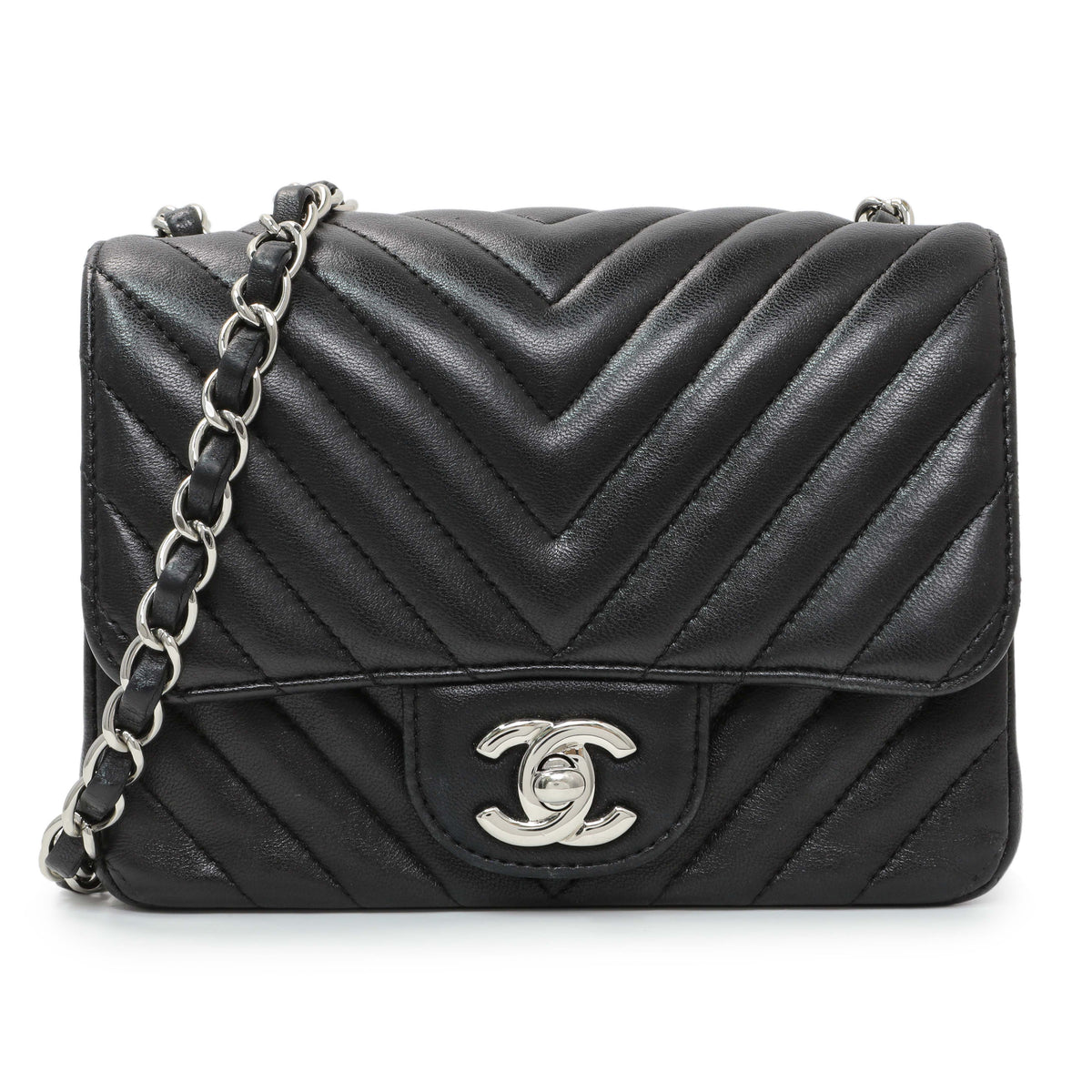 Chanel Black Lambskin Chevron Quilted Mini Square Flap Handbags Chanel