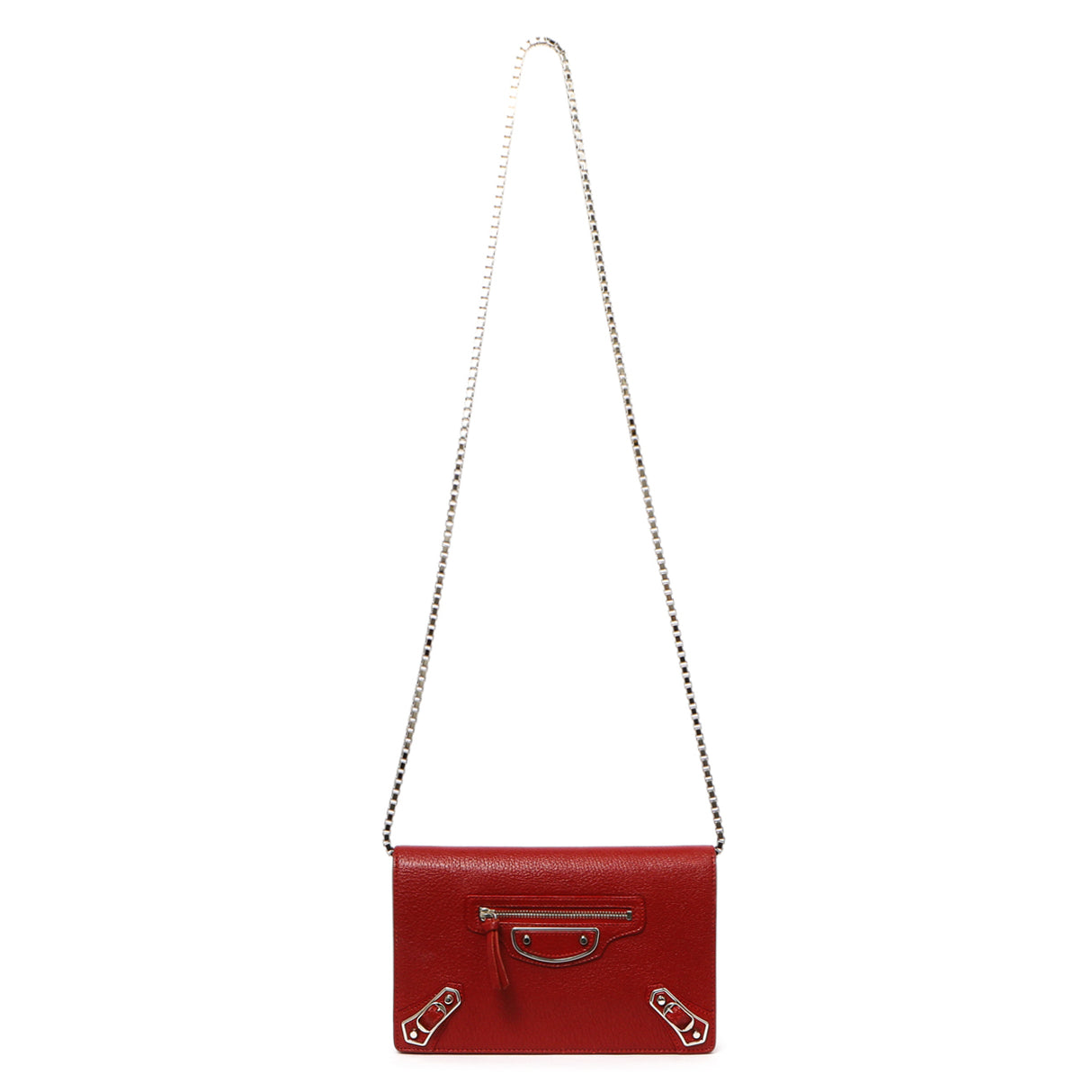 Balenciaga Rouge Groseille Chevre Metallic Edge Wallet on Chain