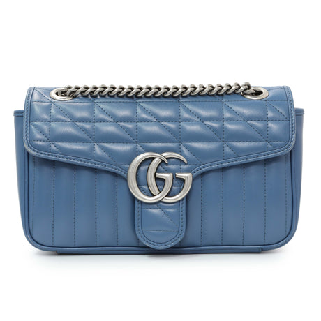 Gucci Blue Calfskin Matelasse Aria Small GG Marmont Shoulder Bag Handbags Gucci
