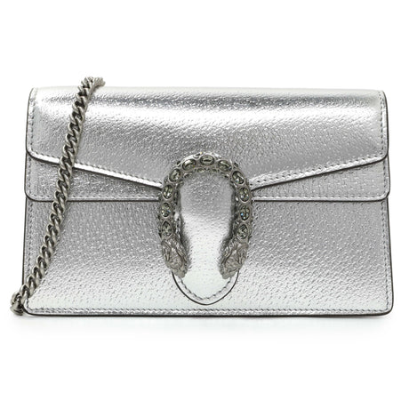 Gucci Silver Metallic Calfskin Super Mini Dionysus Shoulder Bag Handbags Gucci