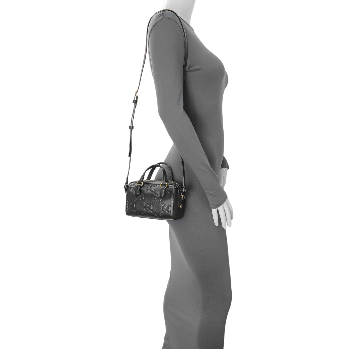 Gucci Black Calfskin Jumbo GG Embossed Super Mini Top Handle Bowler Bag Handbags Gucci