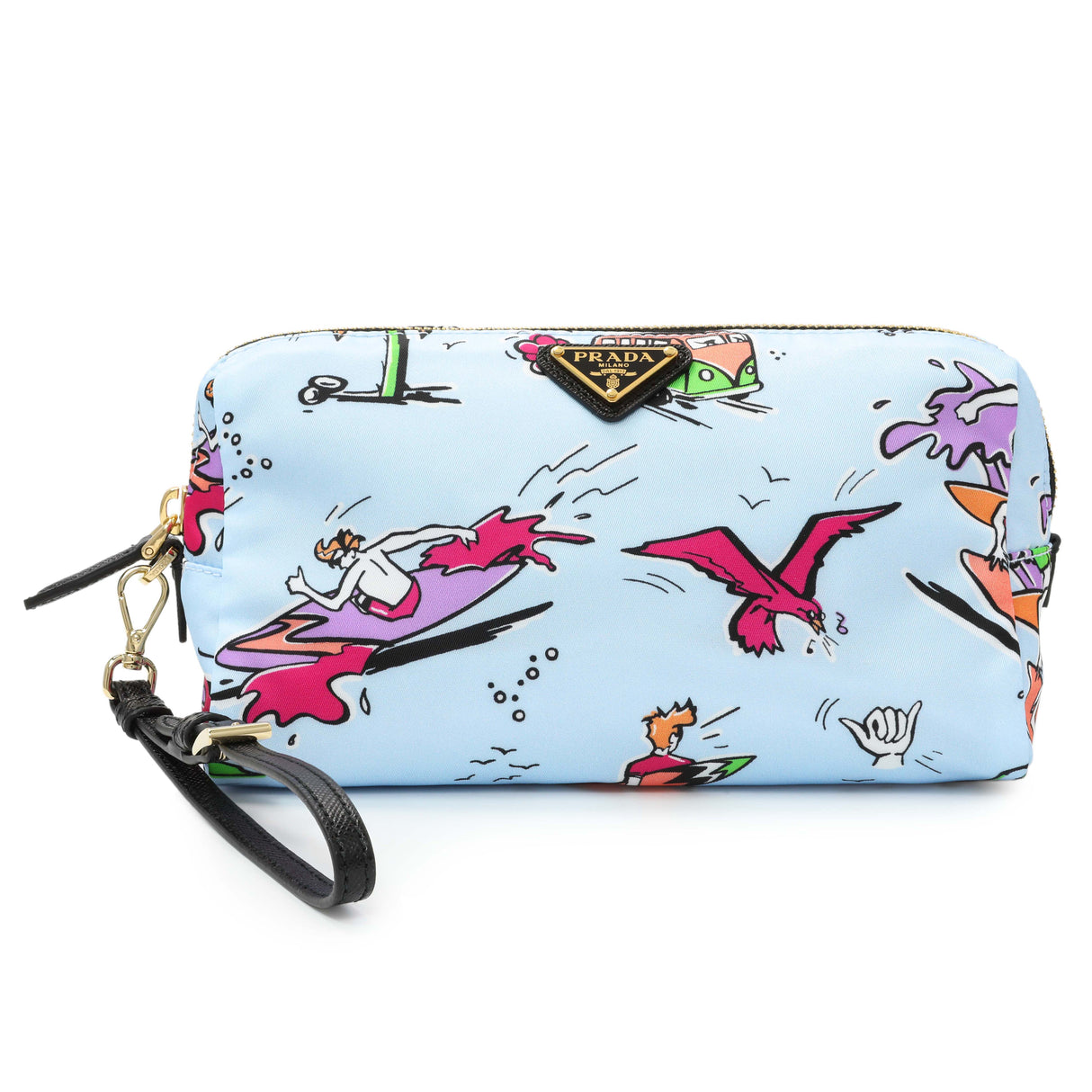 Prada Blue Tessuto Stampato Nylon Saffiano Surf Print Wrist Pouch Accessories Prada