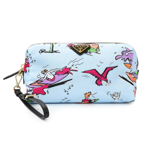 Prada Blue Tessuto Stampato Nylon Saffiano Surf Print Wrist Pouch Accessories Prada