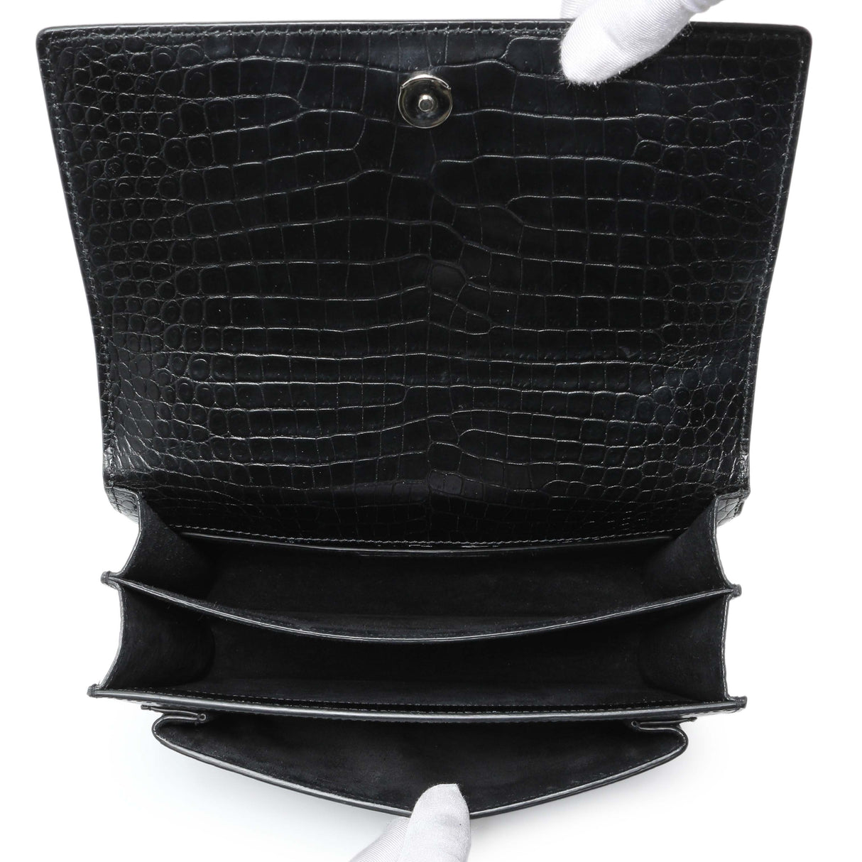 Saint Laurent Black Crocodile Embossed Calfskin Medium Monogram Sunset Handbags Saint Laurent