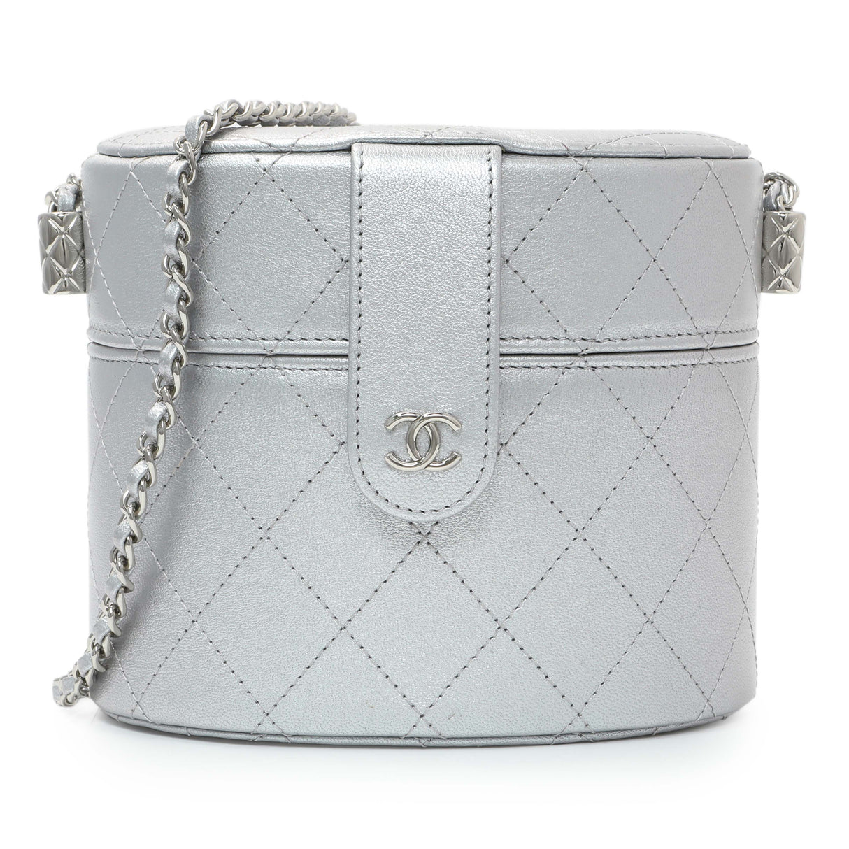 Chanel Silver Quilted Round Vanity Case With Chain Handbags Chanel