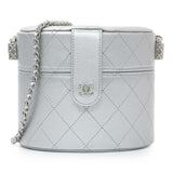 Chanel Silver Quilted Round Vanity Case With Chain Handbags Chanel