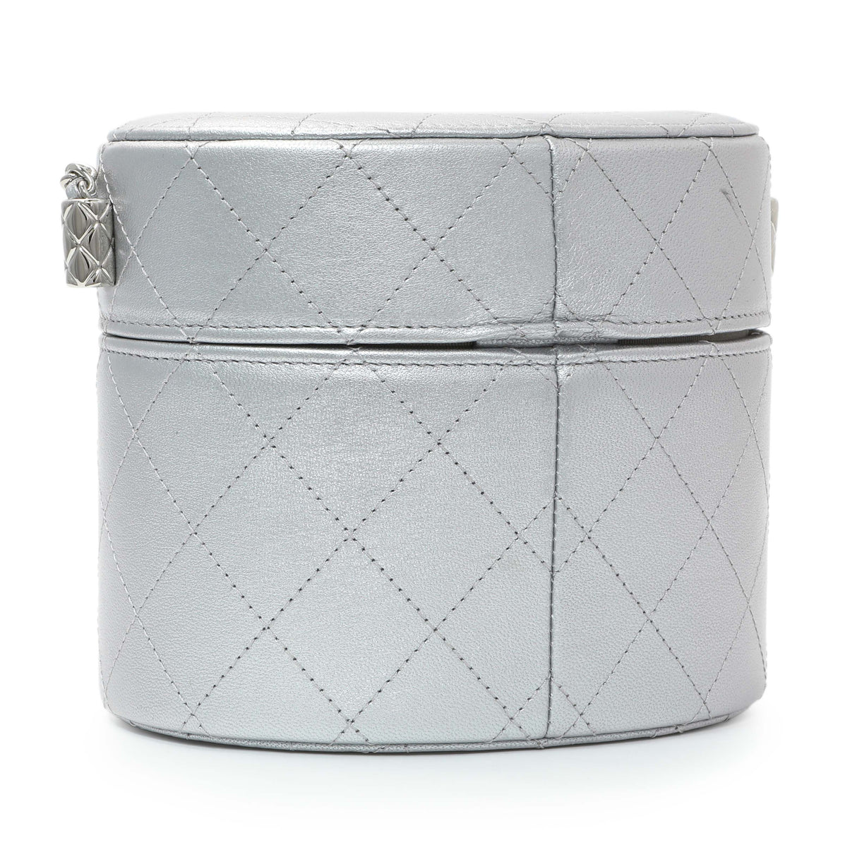 Chanel Silver Quilted Round Vanity Case With Chain Handbags Chanel