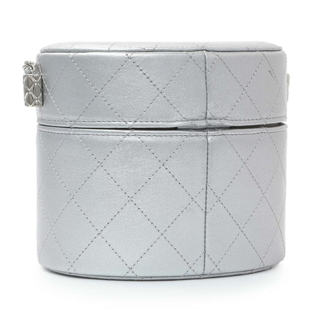 Chanel Silver Quilted Round Vanity Case With Chain