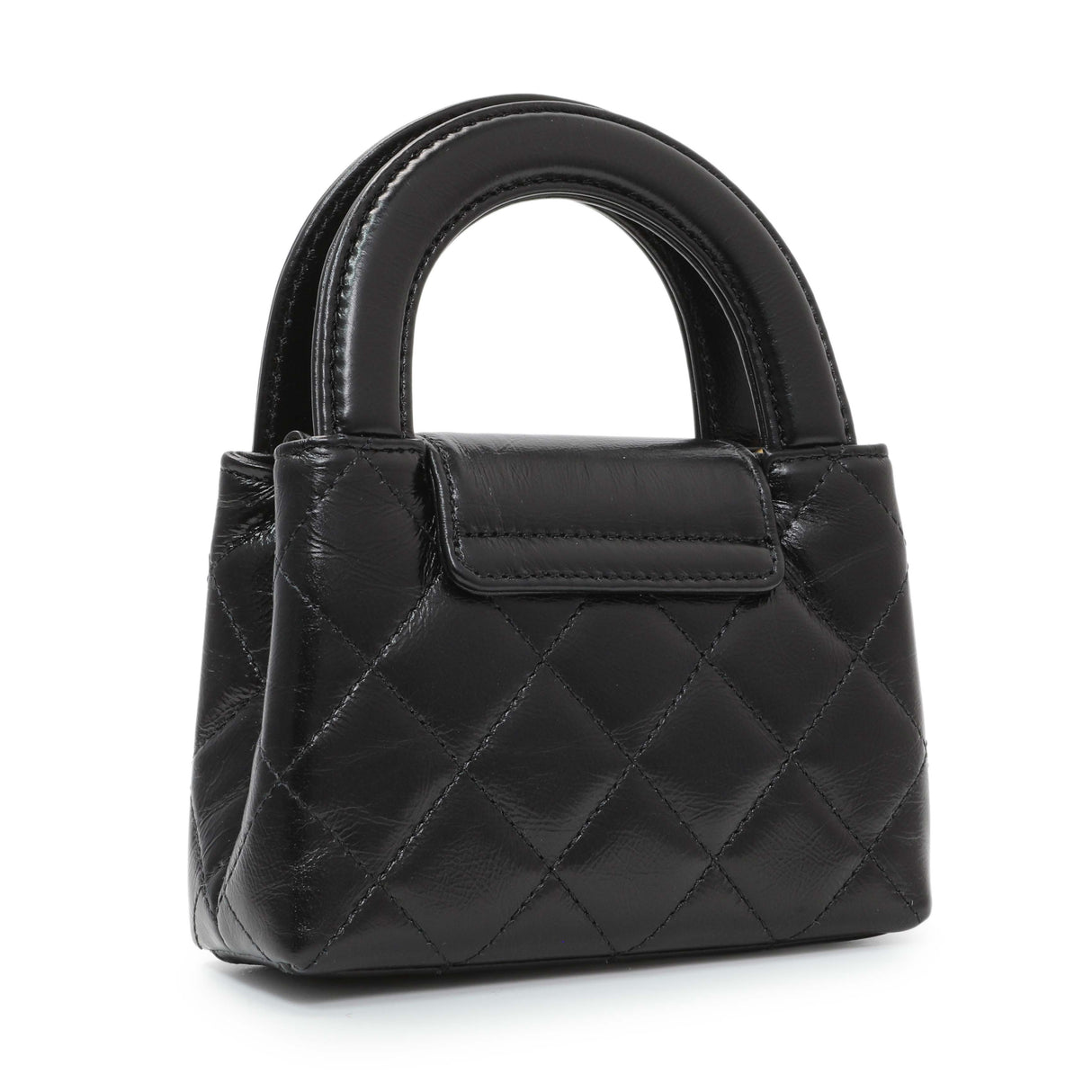 Chanel Black Shiny Aged Calfskin Quilted Mini Nano Kelly Shopper Handbags Chanel