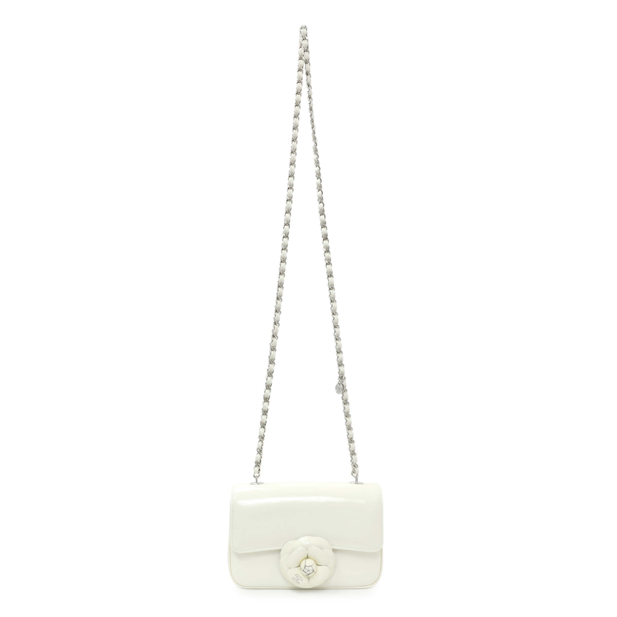 Chanel White Patent Calfskin Small Camellia Flap Handbags Chanel