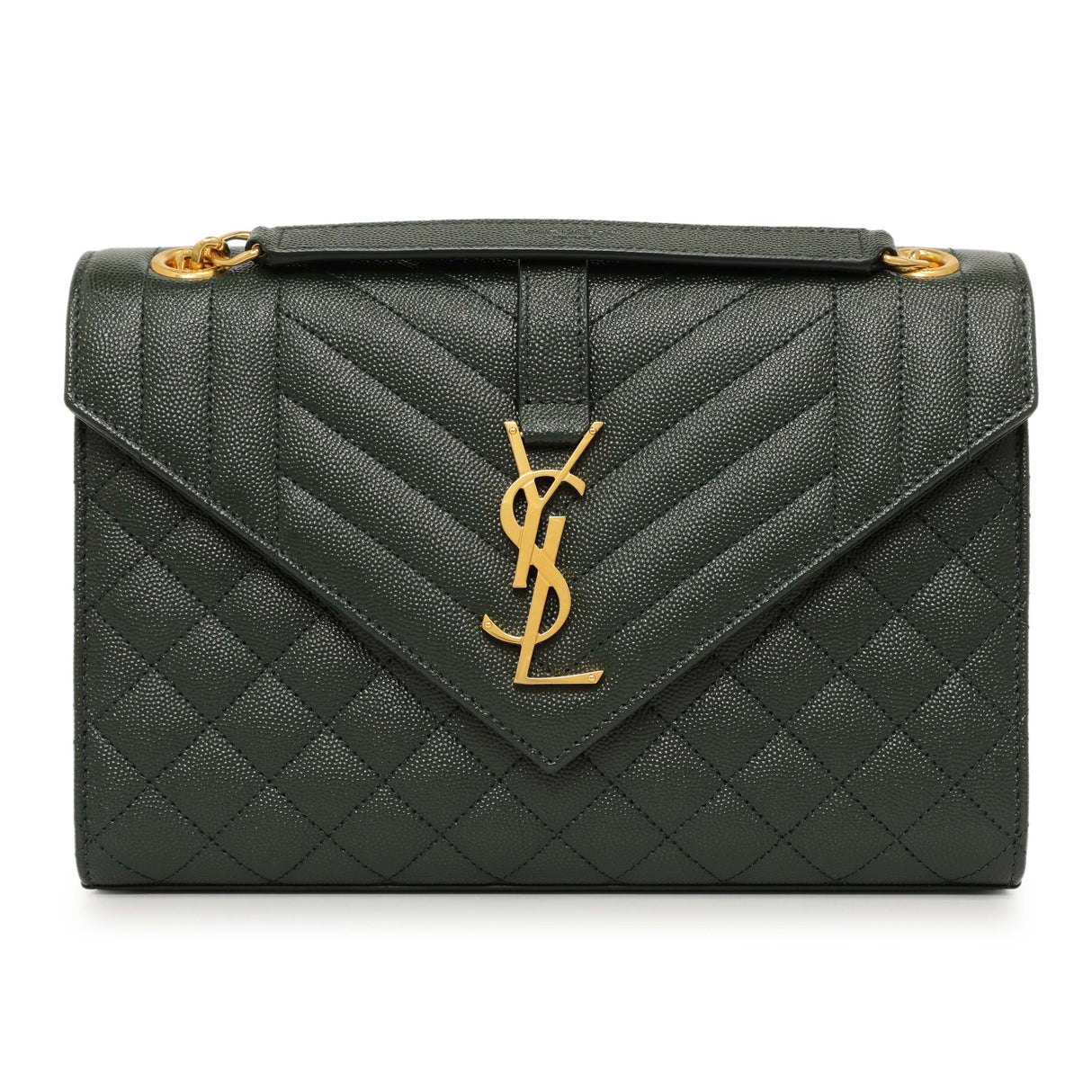 Saint Laurent Green Grain De Poudre Matelasse Chevron Medium Triquilt Monogram Satchel