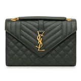 Saint Laurent Green Grain De Poudre Matelasse Chevron Medium Triquilt Monogram Satchel