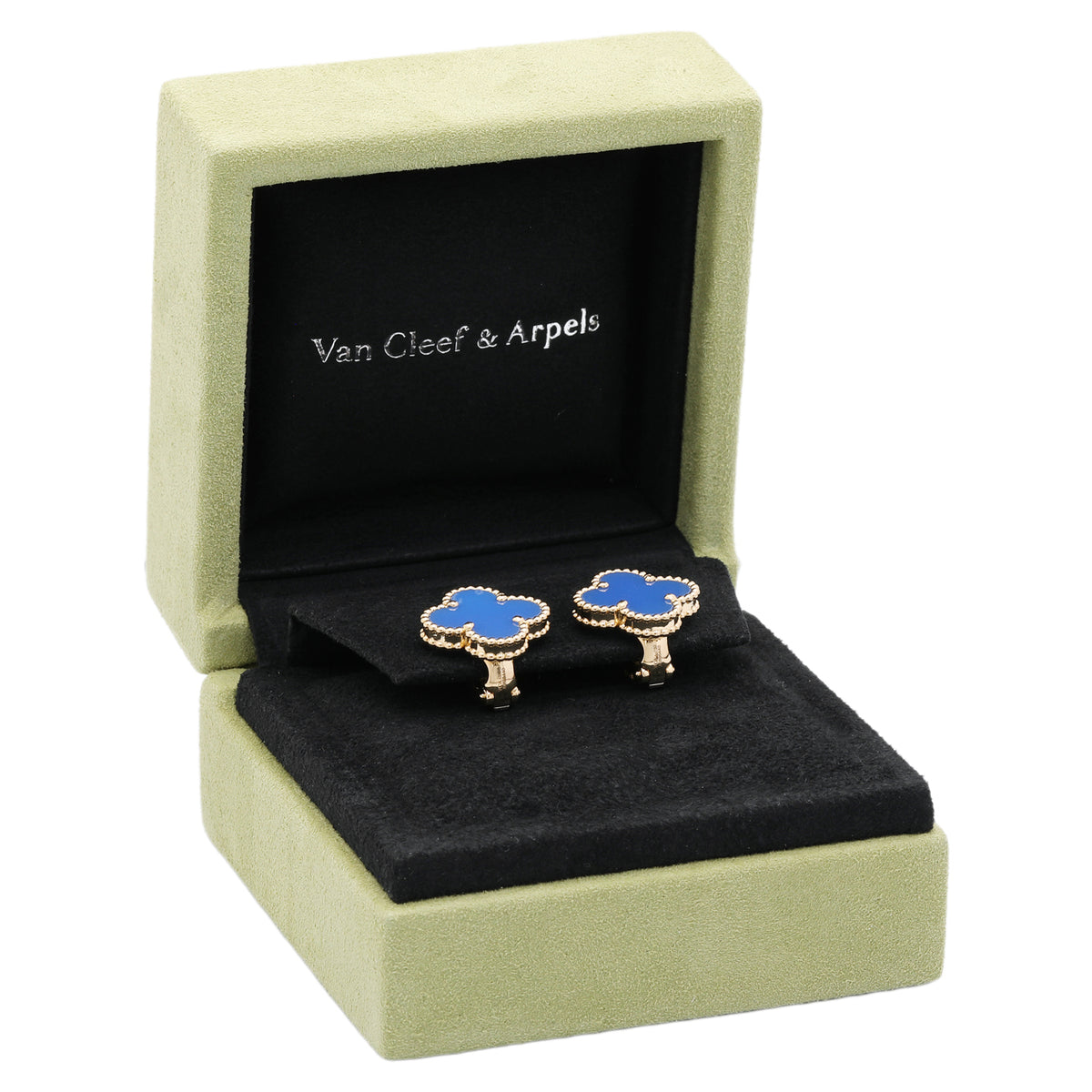 Van Cleef & Arpels 18K Yellow Gold Blue Agate Vintage Alhambra Earrings Designer Jewellery Van Cleef and Arpels