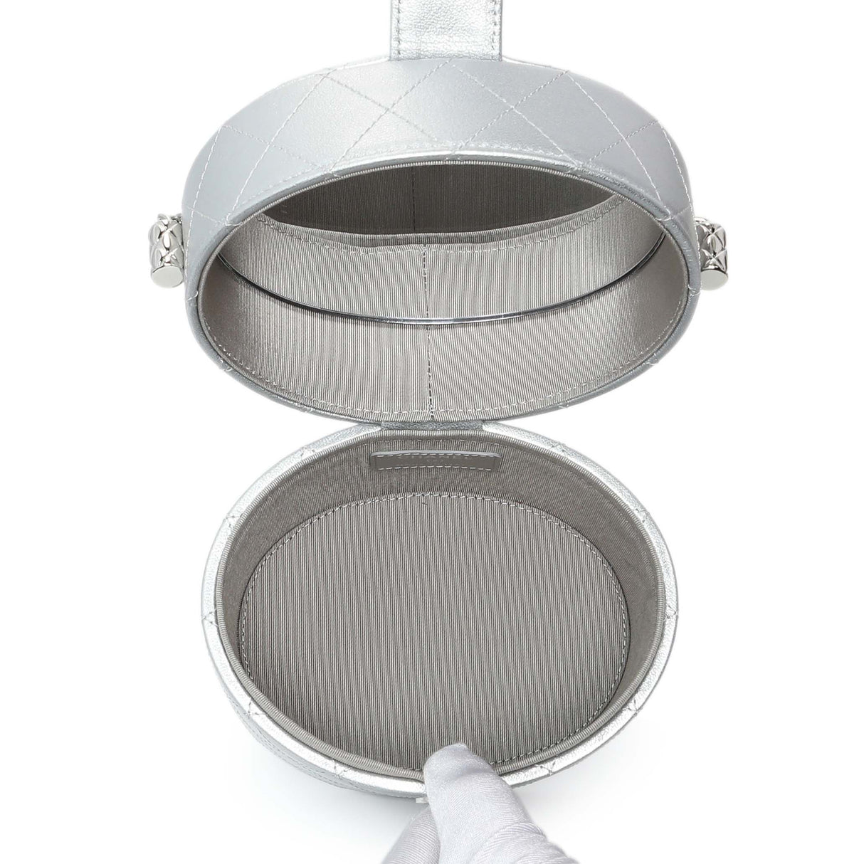 Chanel Silver Quilted Round Vanity Case With Chain Handbags Chanel